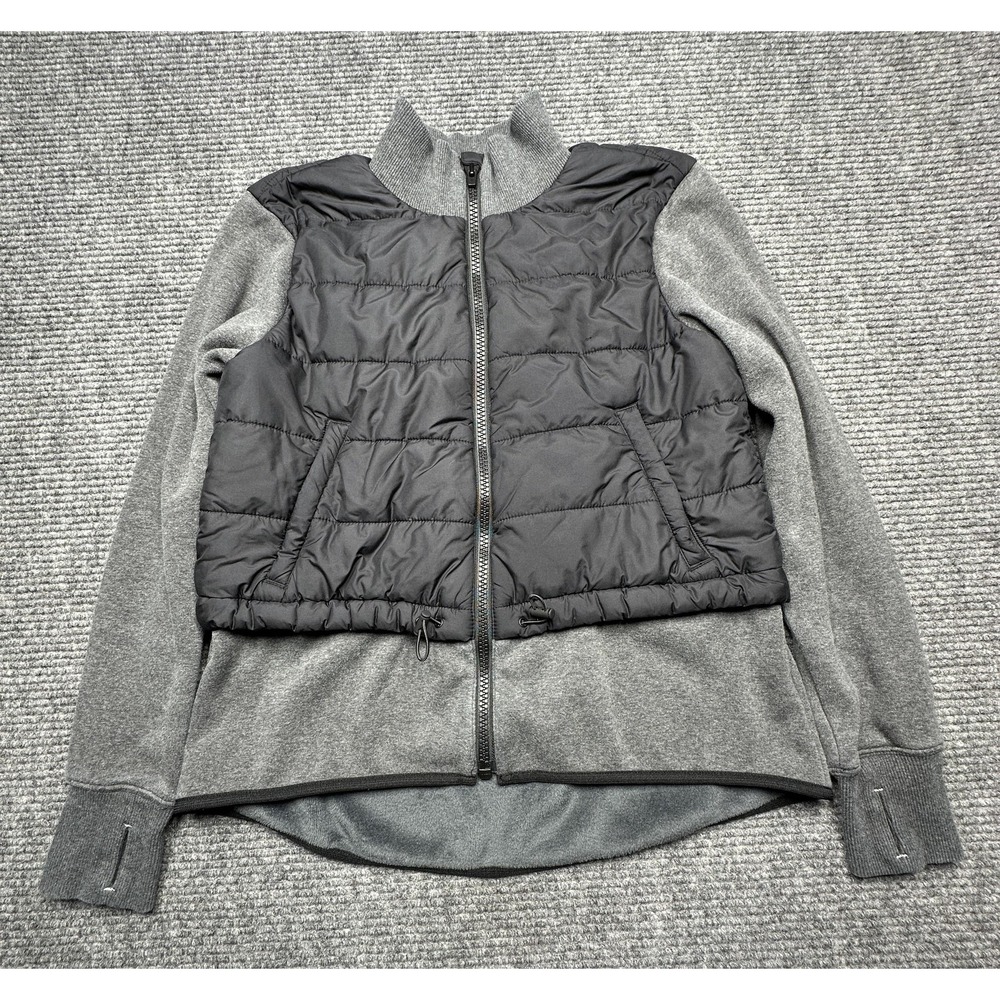 Athleta Jacket Womens Medium Gray Black Quilted Puffer Front Fleece Full Zip‎